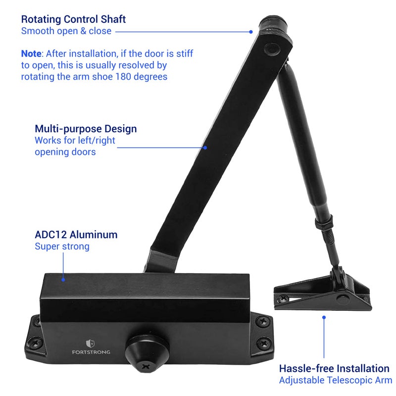 FORTSTRONG Door Closer (Black) - Automatic Door Closer Residential - Adjustable Grade 3 Size Spring - UL Listed ADA Hydraulic Door Closers Certified - Image 2